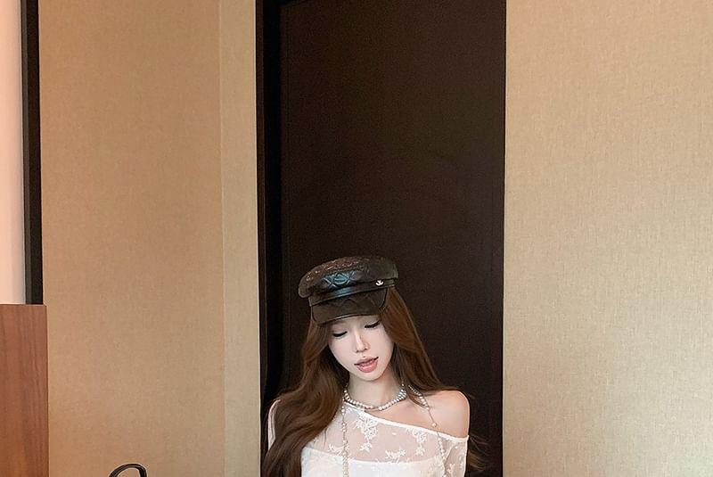 Long-Sleeve Off-Shoulder Lace Mini A-Line Dress Product Image