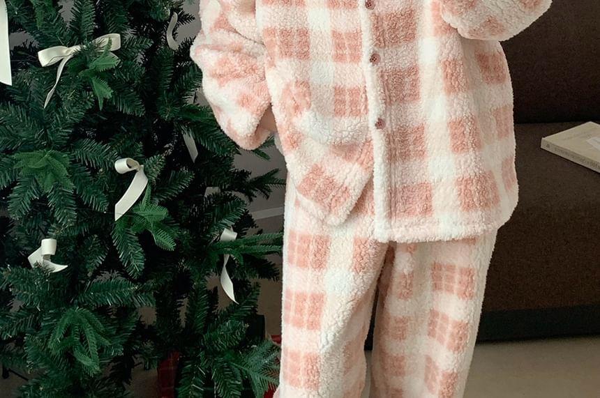 Pajama Set: Plaid Lace Trim Fleece Shirt + Pants Product Image