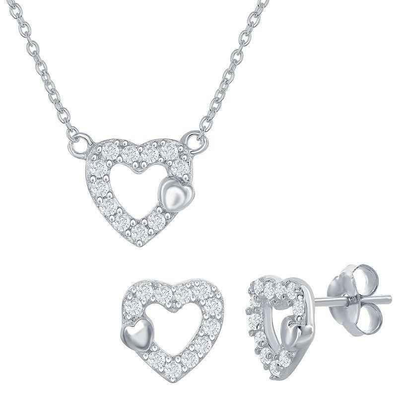 Sterling Silver Cubic Zirconia Open Heart Necklace & Earring Set, Womens White Product Image