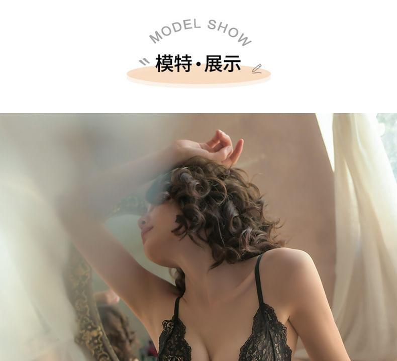 Set: Spaghetti Strap V-Neck Plain Lace Panel Open Back Night Dress + G-String Product Image