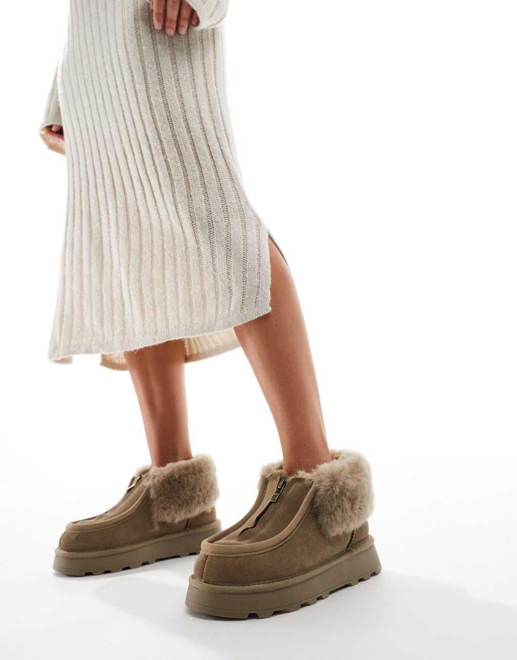 South Beach Real Sheepskin Zip Up Ankle Boot in Olive Product Image