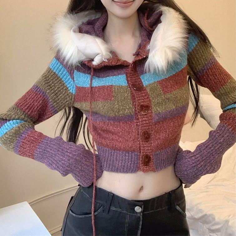 Color Block Fluffy Trim Hooded Button-Up Crop Top Product Image