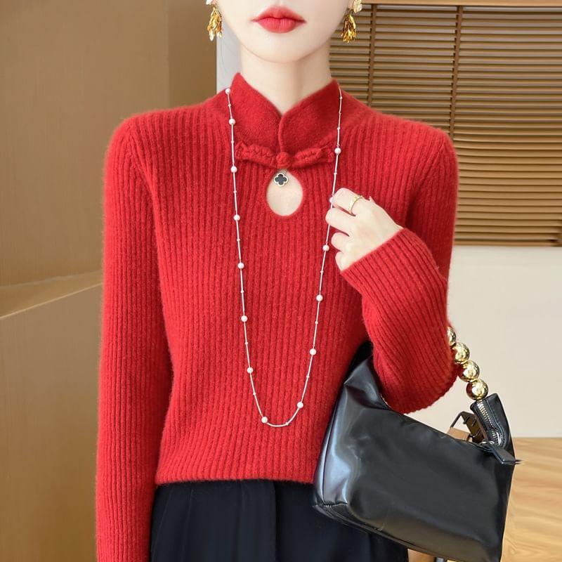 Stand Collar Plain Ribbed Knit Keyhole Sweater Product Image