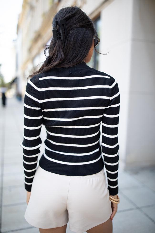 Cabin Bound Black Striped Fitted Mock Neck Sweater Product Image