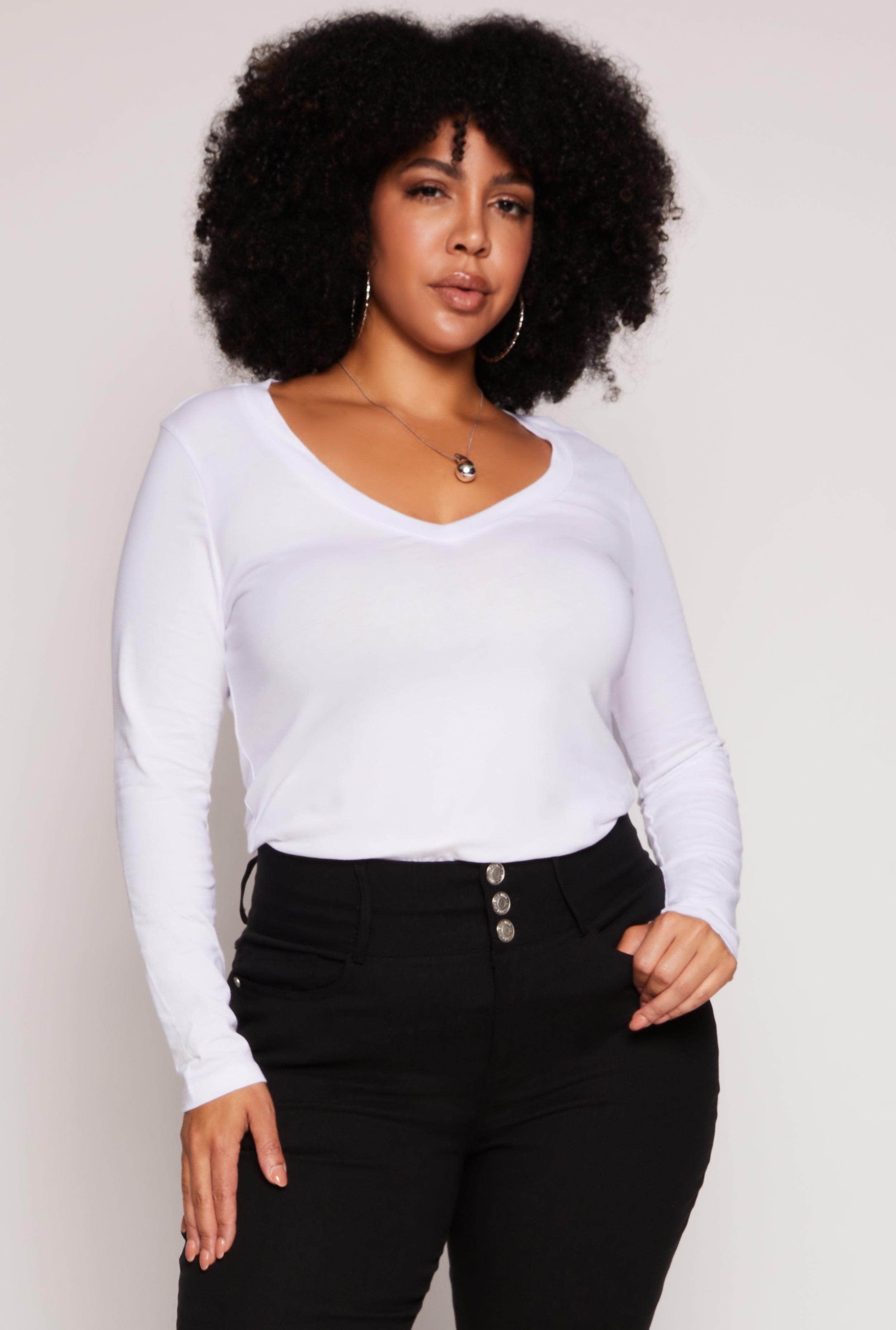 Womens Plus Size Basic Long Sleeve V Neck Tee Product Image