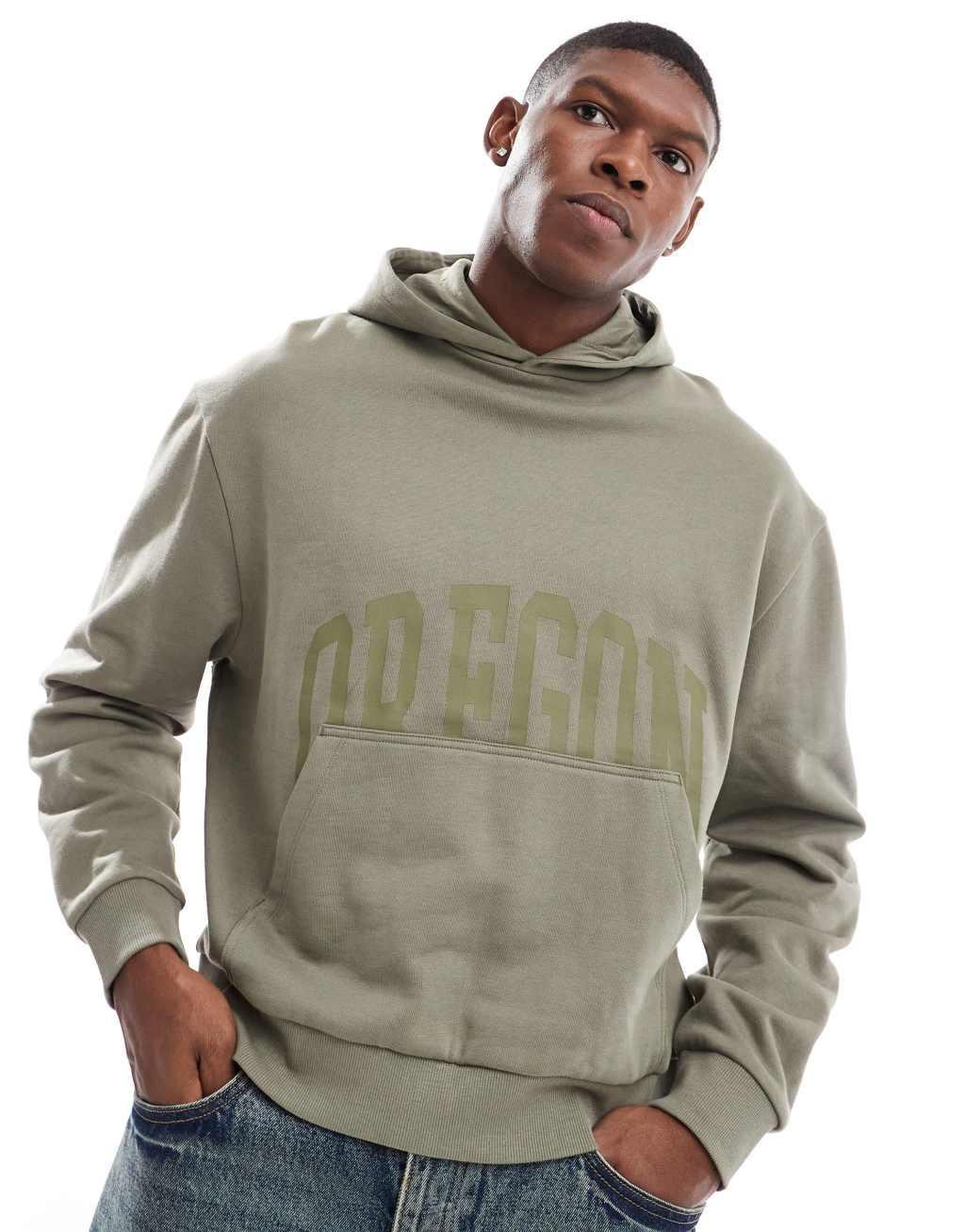 ASOS DESIGN boxy oversized hoodie with front print in khaki Product Image