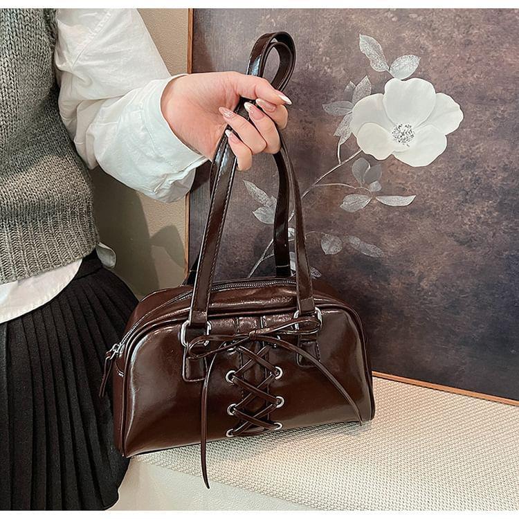 Lace-Up Faux Leather Bowler Bag Product Image