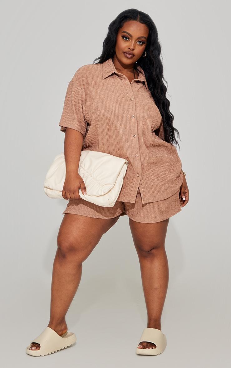 Plus Mocha Crinkle Textured Short Sleeve Beach Shirt Product Image