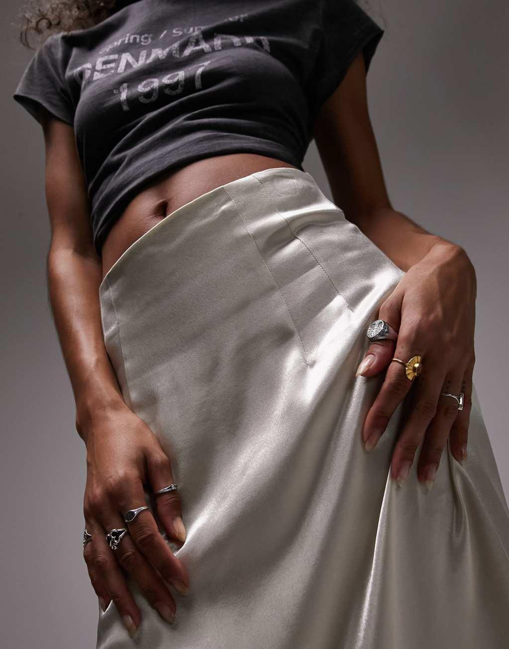 Topshop super high waisted satin maxi skirt in ivory Product Image