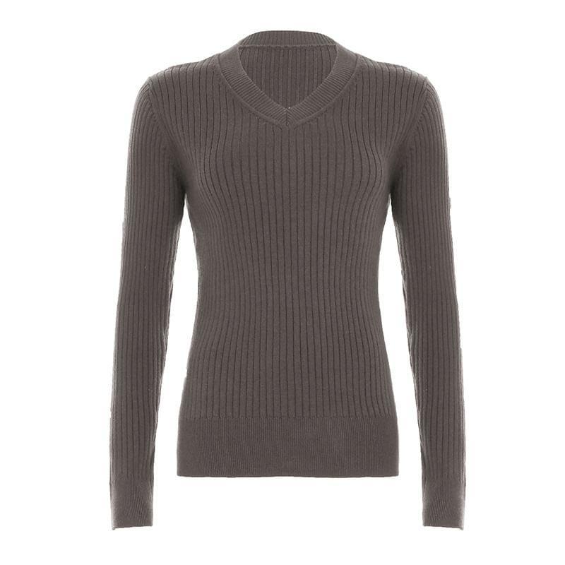 Long Sleeve V-Neck Plain Ribbed-Knit Slim-Fit Sweater Product Image