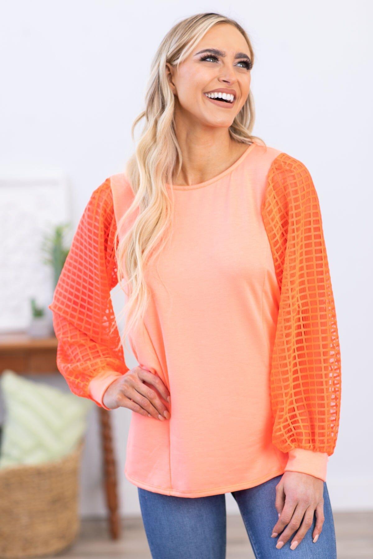 Neon Coral Textured Ballon Sleeve Top Product Image