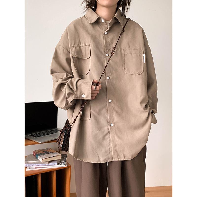 Long-Sleeve Plain Shirt Jacket Product Image