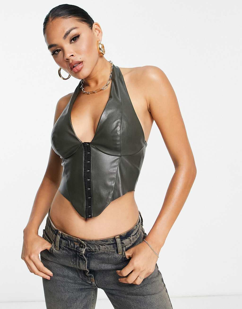 ASOS DESIGN halter neck PU corset with hook & eye front in khaki  Product Image