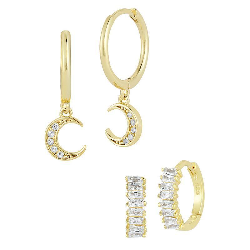 Sunkissed Sterling Cubic Zirconia Moon Charm Huggie Hoop Earring Set, Womens, Gold Tone Product Image