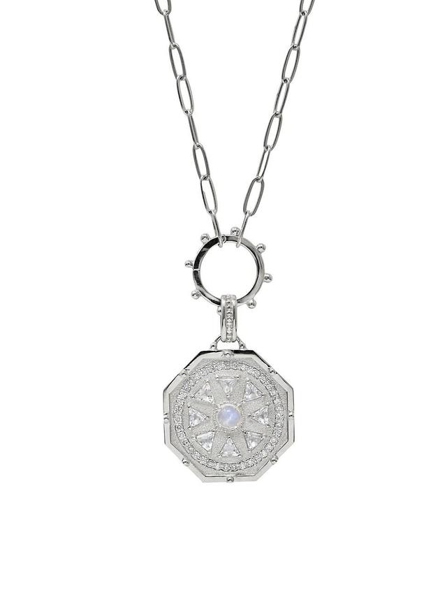 Womens Aztec Mayan Deco Medallion Sterling Silver, Moonstone, Sapphire & Topaz Necklace Product Image