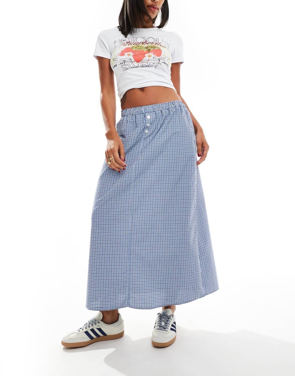 ASOS DESIGN boxer detail midi skirt in plaid in blue plaid Product Image