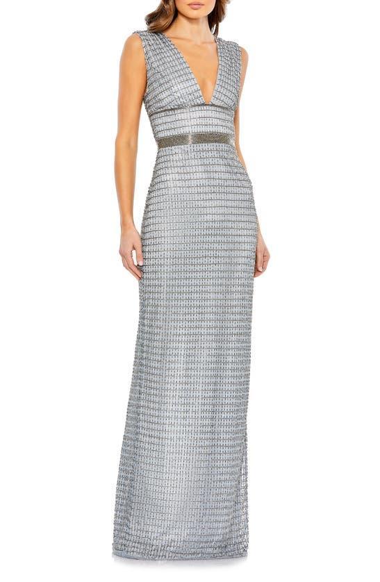 Beaded Cap Sleeve V Neck Column Gown In Silver Product Image