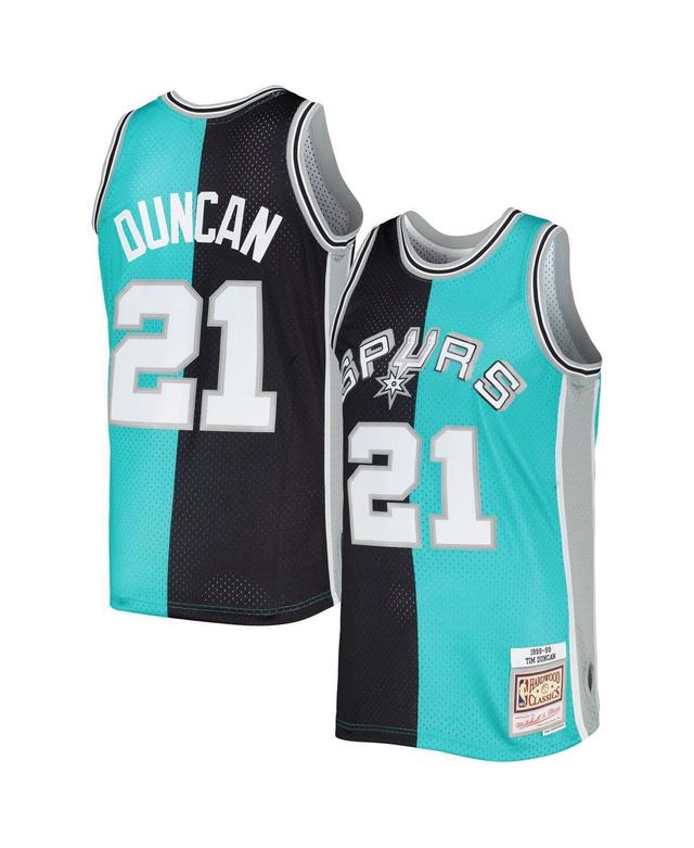 Mens Mitchell & Ness Tim Duncan Black, Teal San Antonio Spurs Hardwood Classics 1998-99 Split Swingman Jersey - Black, Teal Product Image