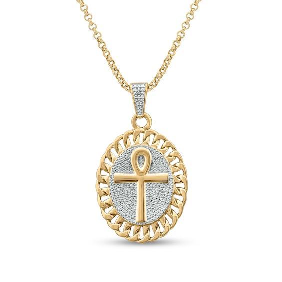 Men's 1/6 CT. T.w. Diamond Linked Chain Frame Oval Ankh Pendant in Sterling Silver with 14K Gold Plate Product Image