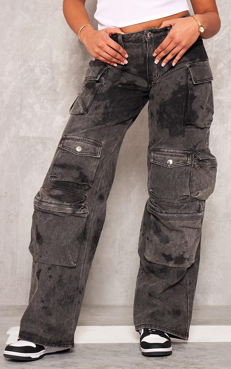 Tall Black Washed Denim Cargo Low Rise Wide Leg Jeans Product Image