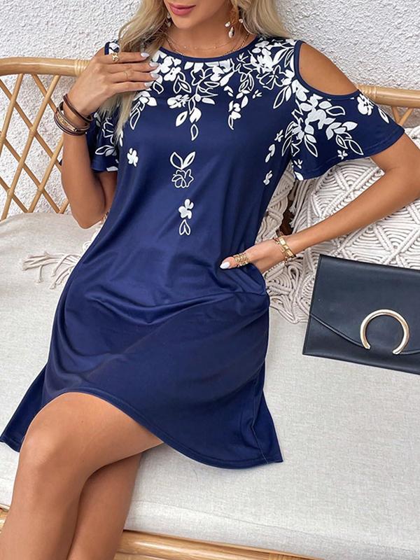 A-Line Loose Flower Print Hollow Cold Shoulder Mini Dresses Product Image