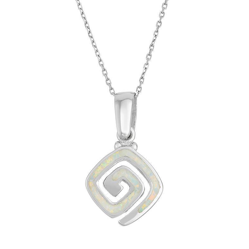 Lab-Created Opal Sterling Silver Greek Key Pendant Necklace, Womens White Product Image