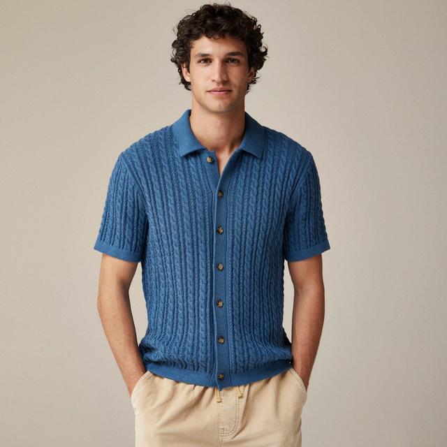 Short-sleeve cotton cable-knit polo cardigan sweater Product Image