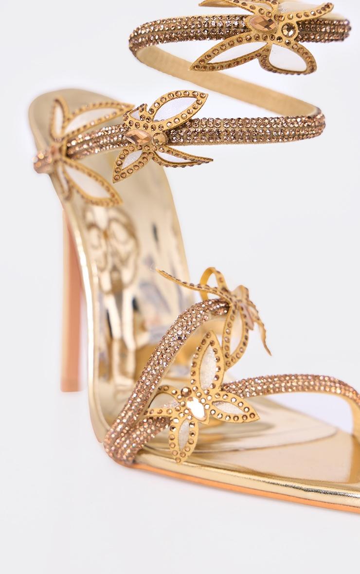 Gold PU Point Toe Diamante Mesh Butterfly Spiral Heeled Sandals Product Image