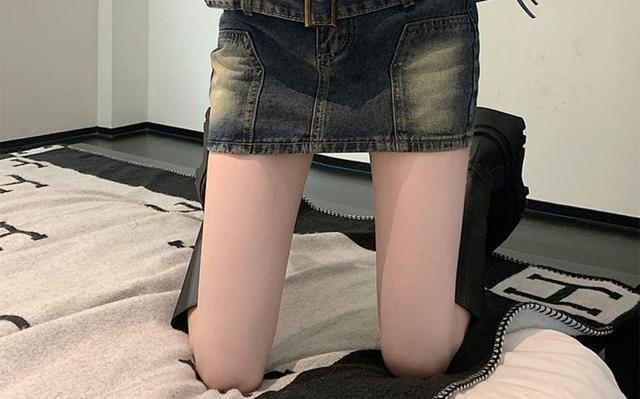 High Rise Washed Denim Pencil Mini Skirt Product Image