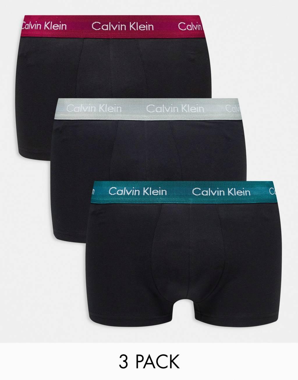 Calvin Klein low rise cotton stretch trunks 3 pack in black with colored waistband Product Image