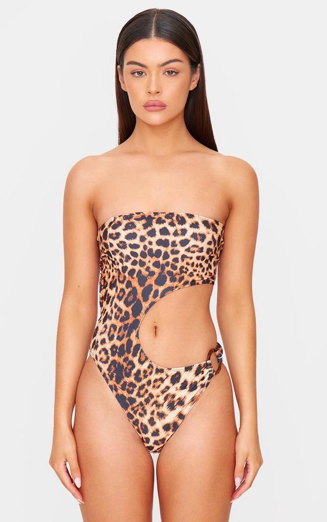 Brown Leopard Print Cut Out O Ring Trim Detail Swimsuit Product Image