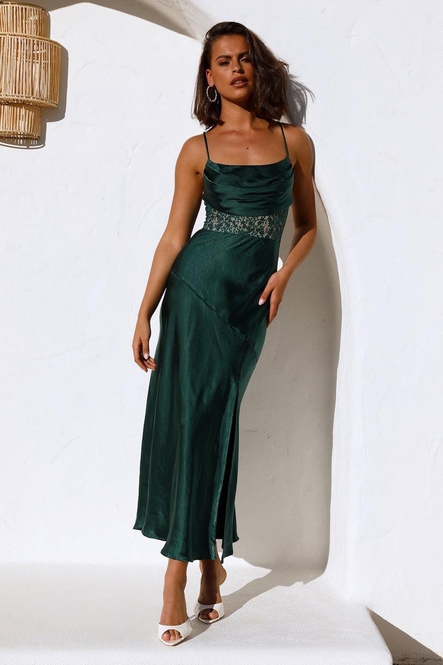 Sipping Waterfalls Satin Midi Dress Green Product Image