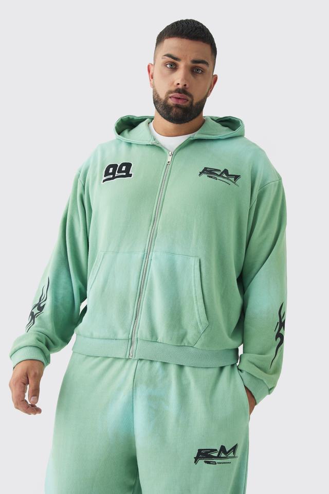 Plus Oversized Zip Thru Heavy Washed Applique Hoodie | boohooMAN USA Product Image