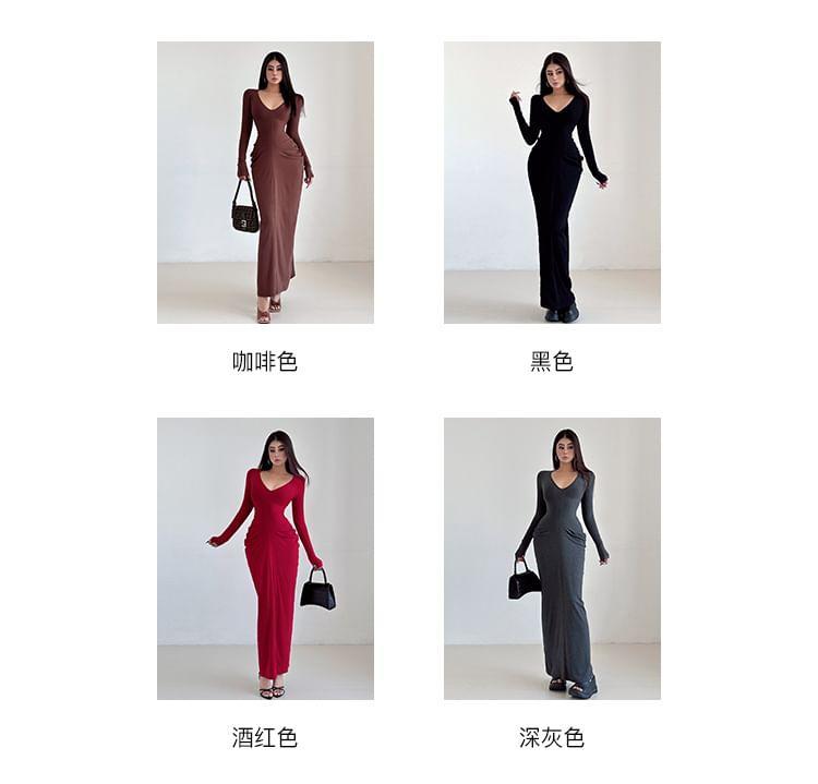 Long-Sleeve V-Neck Plain Shirred Midi Bodycon Dress Product Image