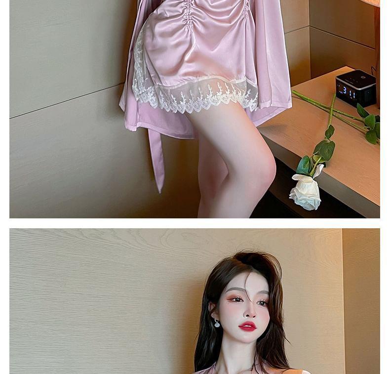 Set: Spaghetti Strap V-Neck Lace Trim Drawstring Slit Nightdress + Pajama Robe Product Image