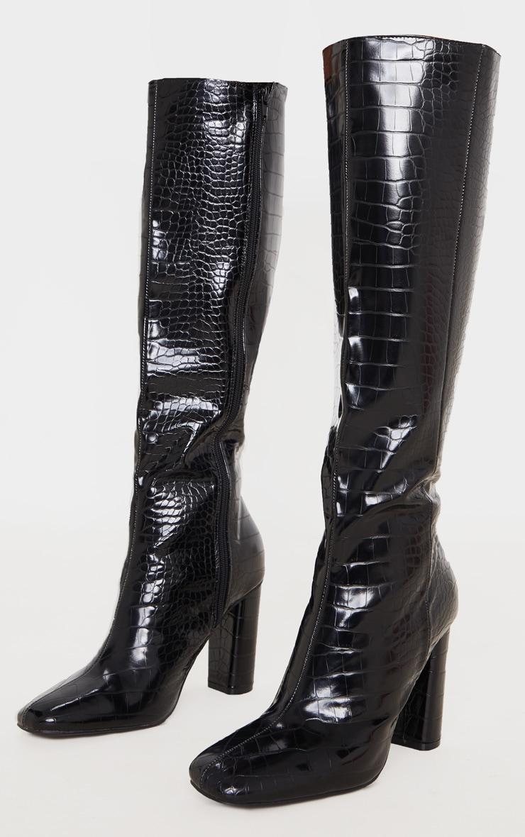 Black Round Block Heel Knee High Boots Product Image