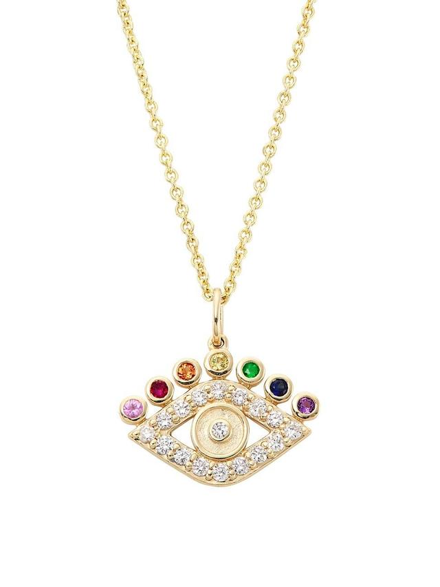 Womens Rainbow 14K Yellow Gold & Multi-Gemstone Medium Evil Eye Pendant Necklace Product Image