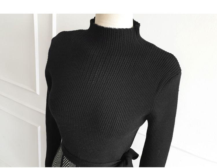 Long-Sleeve Turtleneck Two Tone Pleated A-Line Knit Dress Product Image