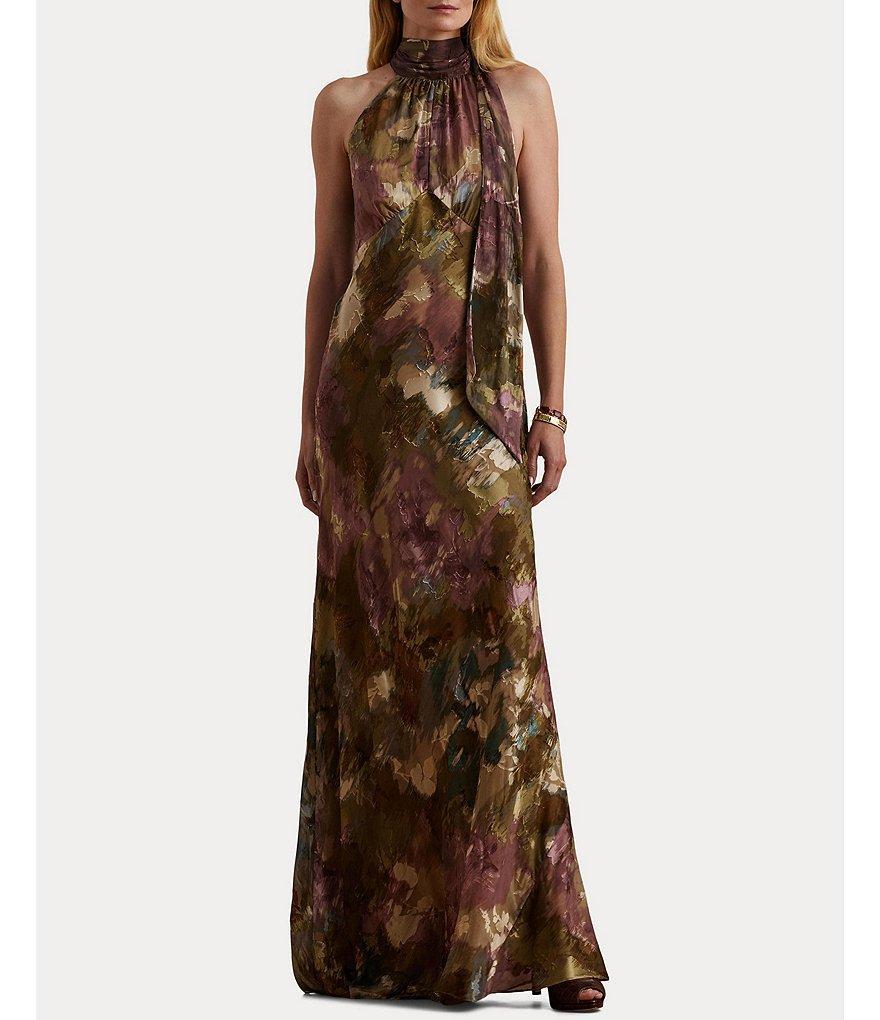 Lauren Ralph Lauren Floral Burnout Satin Pleated Halter Mock Neck Sleeveless Back Tie Gown Product Image