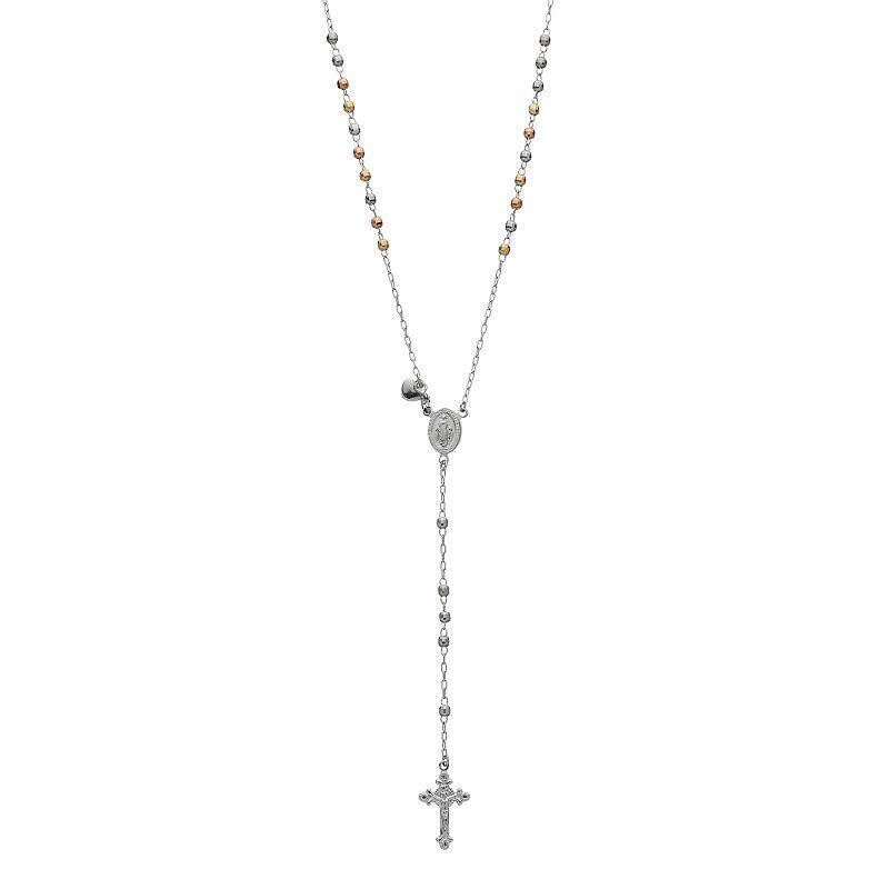 Tri Tone Sterling Silver Rosary Necklace, Womens Product Image