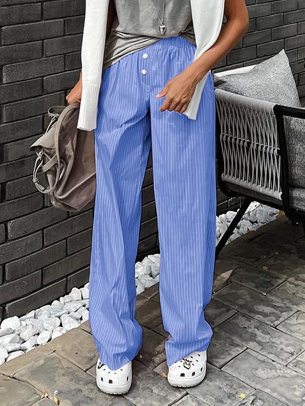 Loose Wide Leg Buttoned Elasticity Split-Joint Striped Pants Trousers Product Image