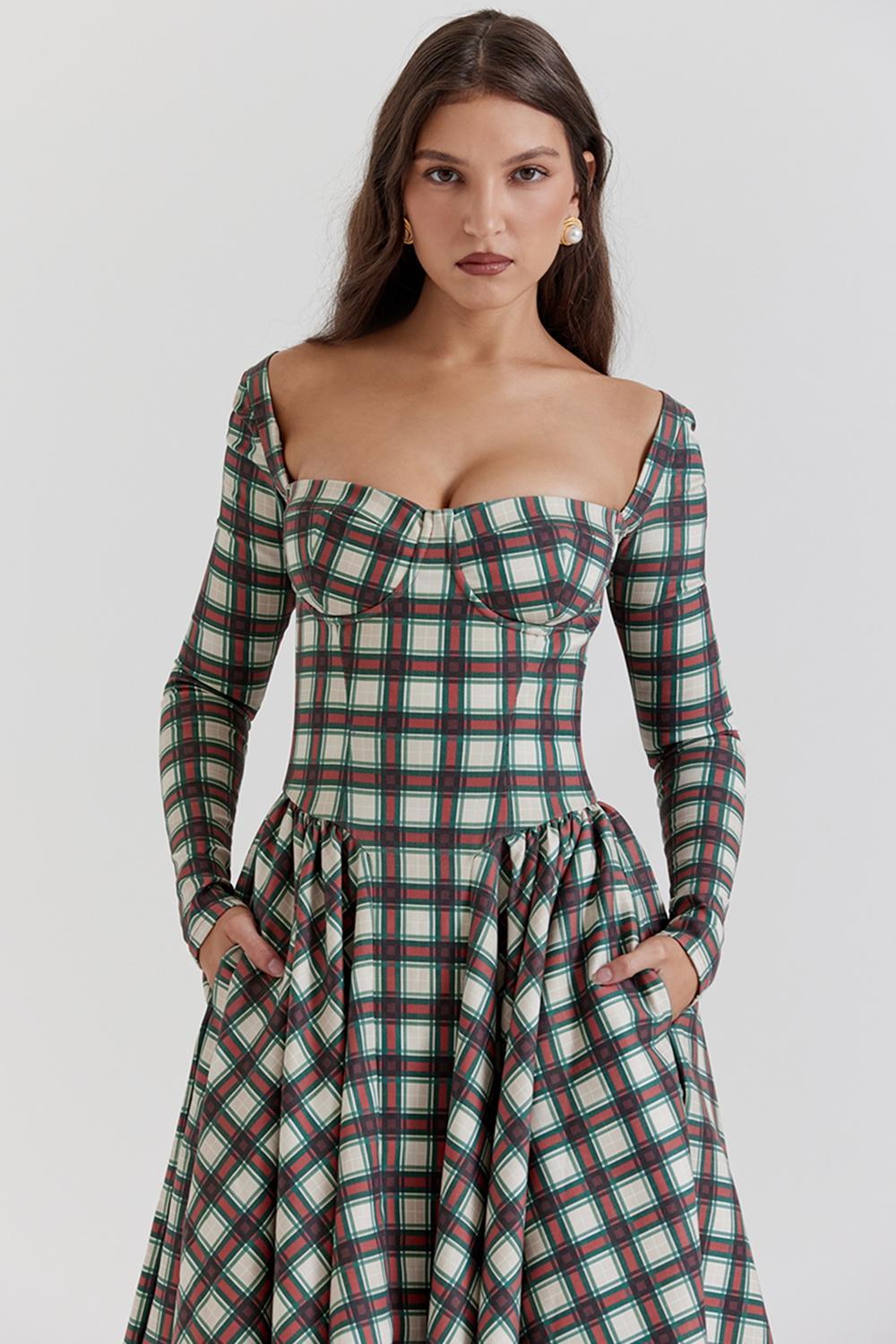 Eliza Red Tartan Corset Midi Dress - SALE Product Image