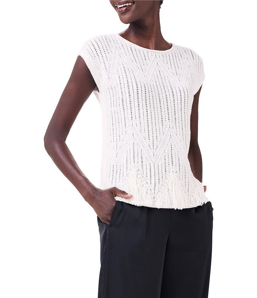 NIC + ZOE Textured Swing Knit Geometric Pattern Round Neck Cap Sleeve Fringe Top Product Image