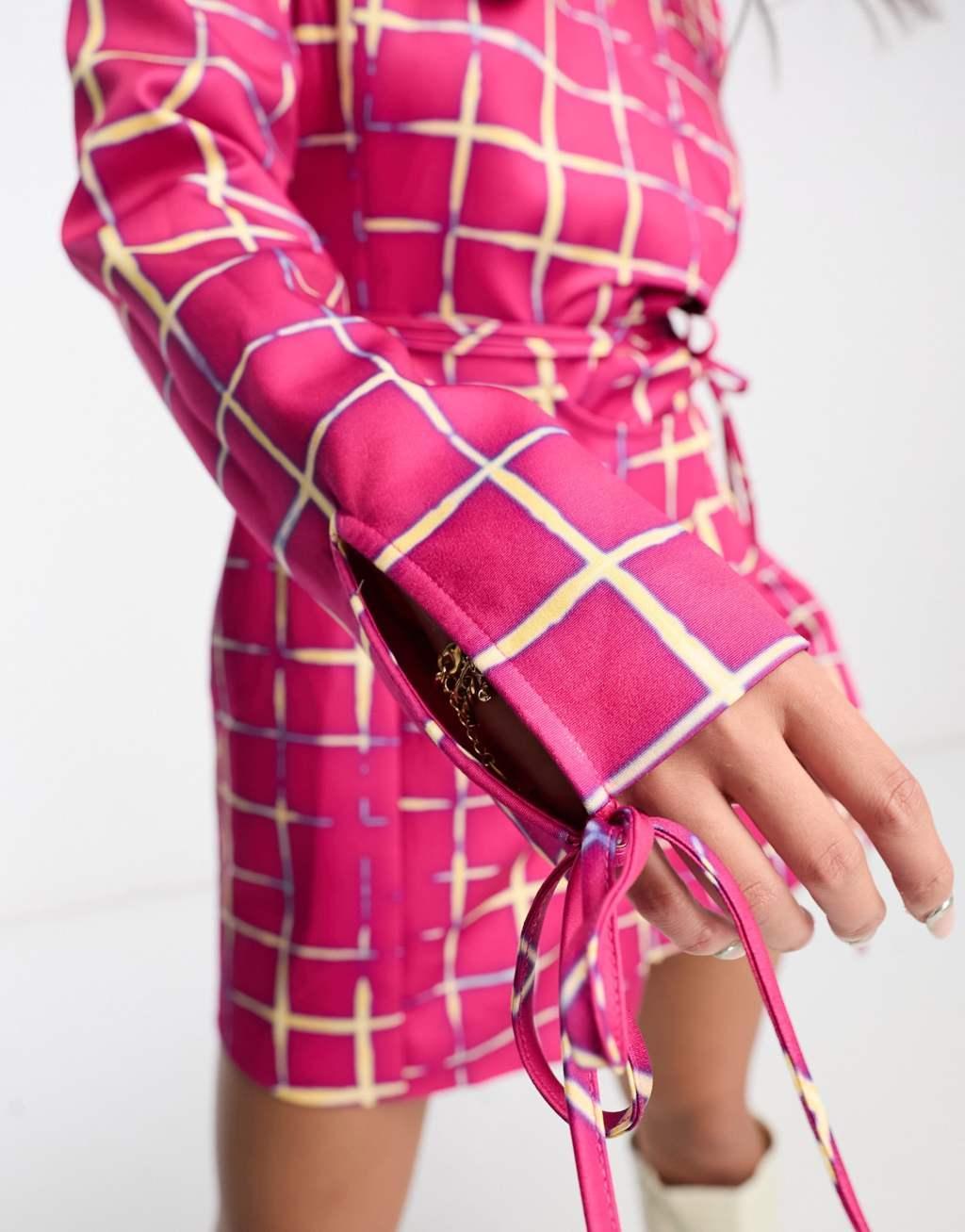 Annorlunda neon check cut-about tailored blazer dress in bright pink Product Image