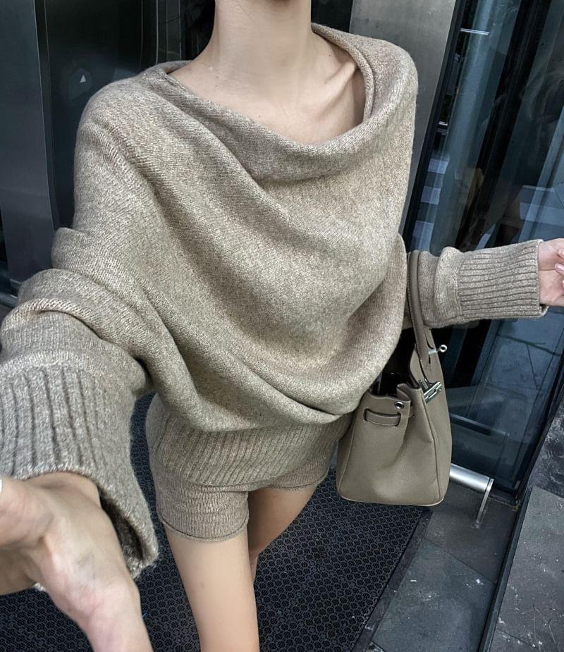 Off-Shoulder Melange Sweater / Mid Rise Knit Shorts Product Image