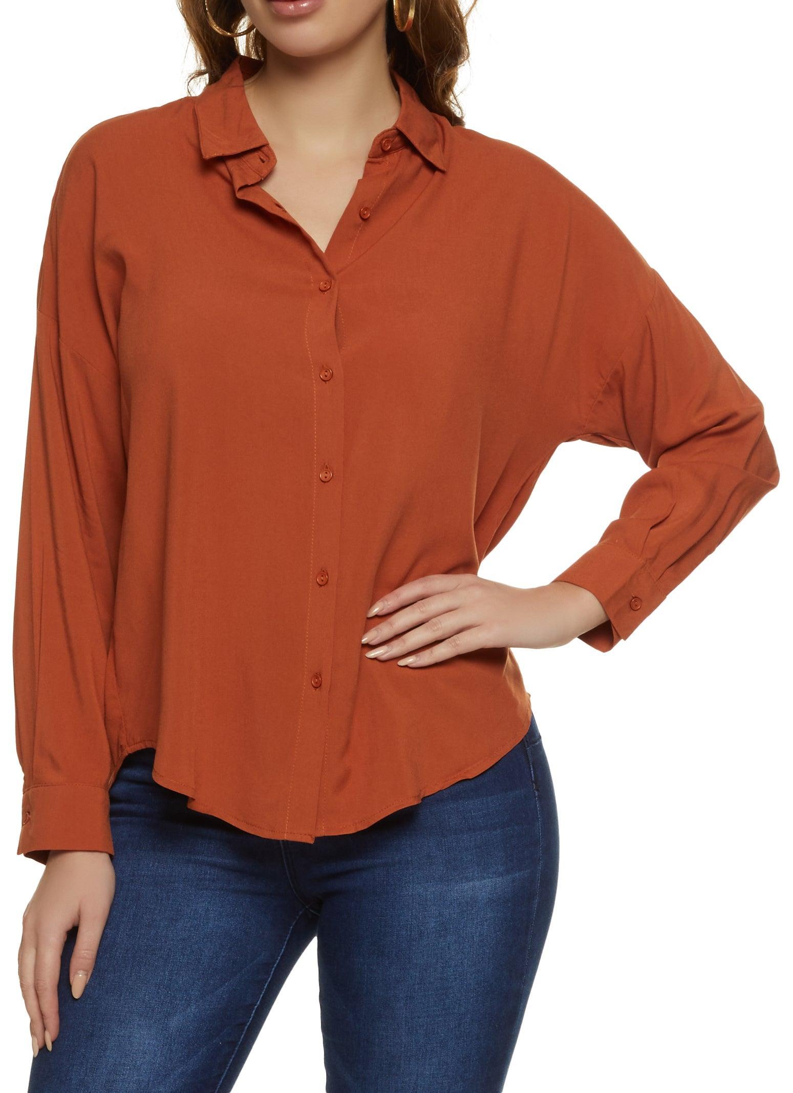 Womens Solid Long Sleeve Button Front Shirt Product Image