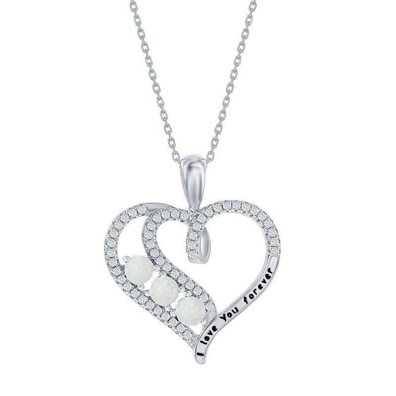 Sterling Silver Cubic Zirconia & Opal Heart I Love You Forever Pendant Necklace, Womens White Product Image