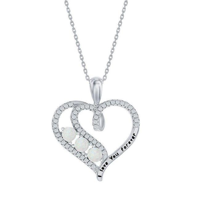 Sterling Silver Cubic Zirconia & Opal Heart I Love You Forever Pendant Necklace, Womens White Product Image