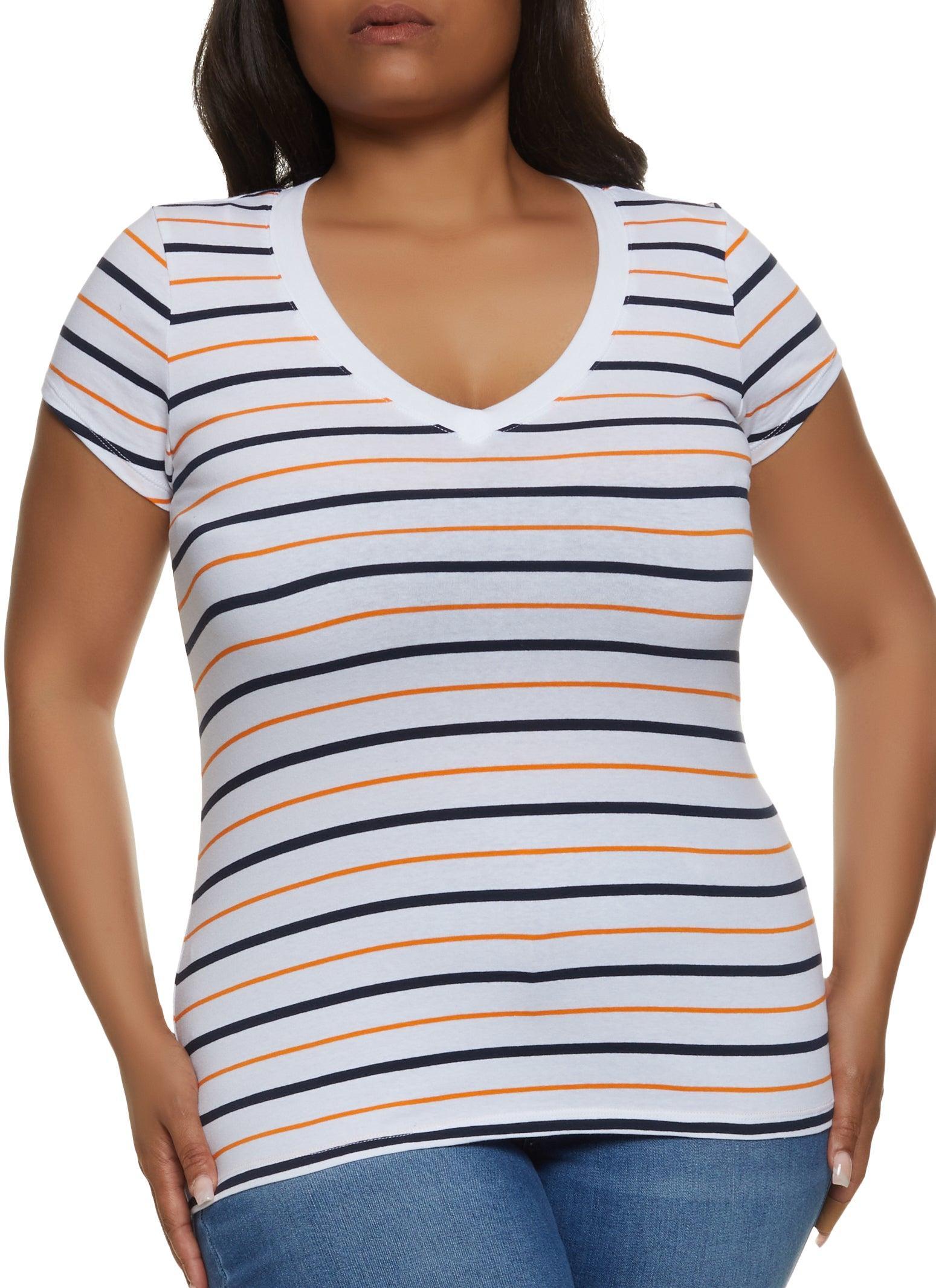 Womens Plus Size Basic Striped V Neck Tee Product Image