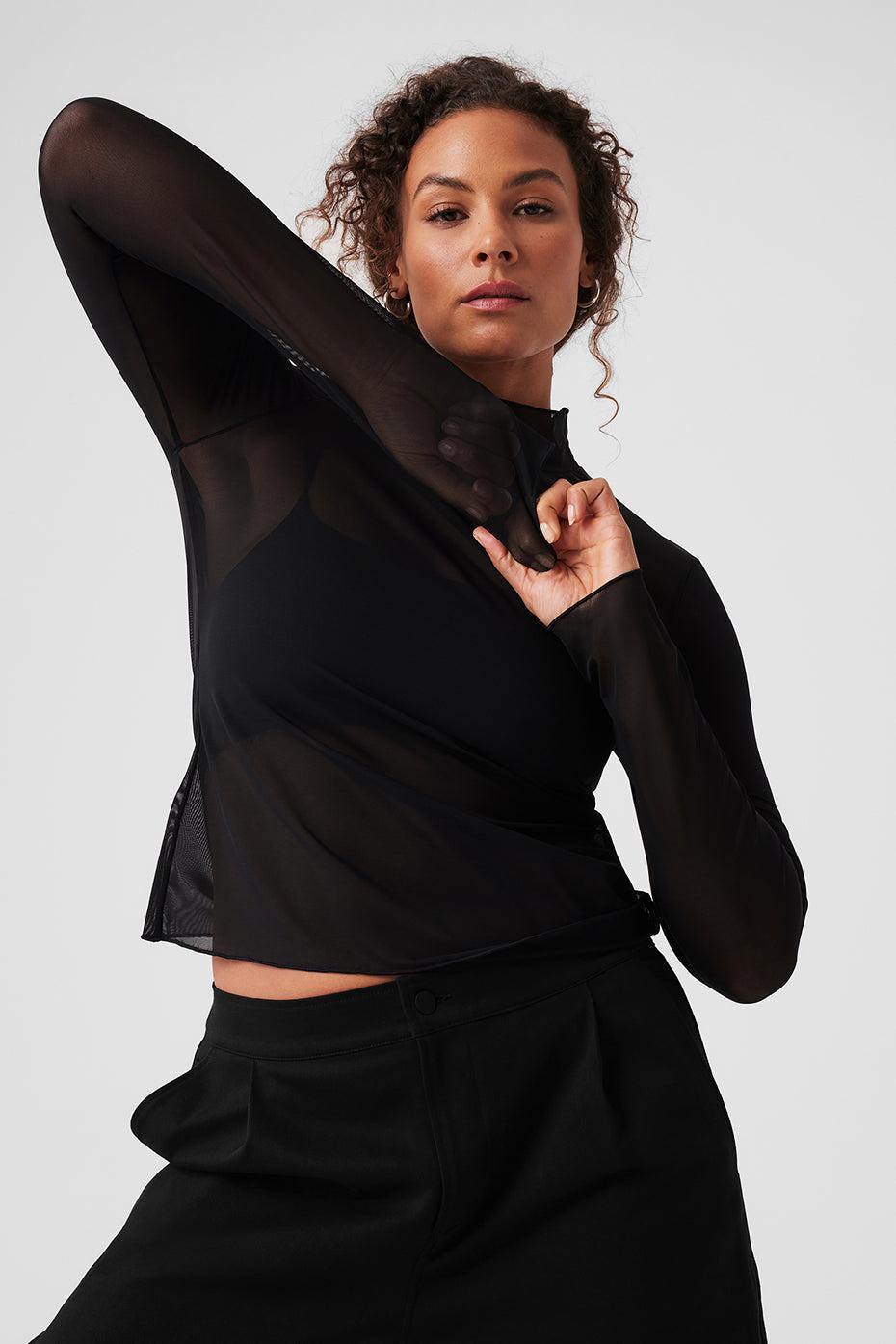 Mesh Sheer Illusion Mock Neck Long Sleeve - Black Product Image